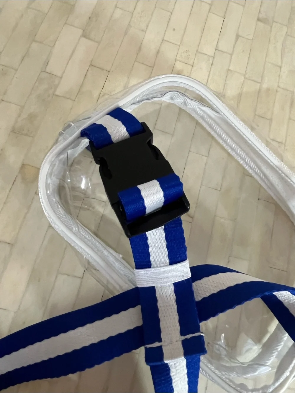 Clear Belt Bag with White Trim and Blue-White Adjustable Strap